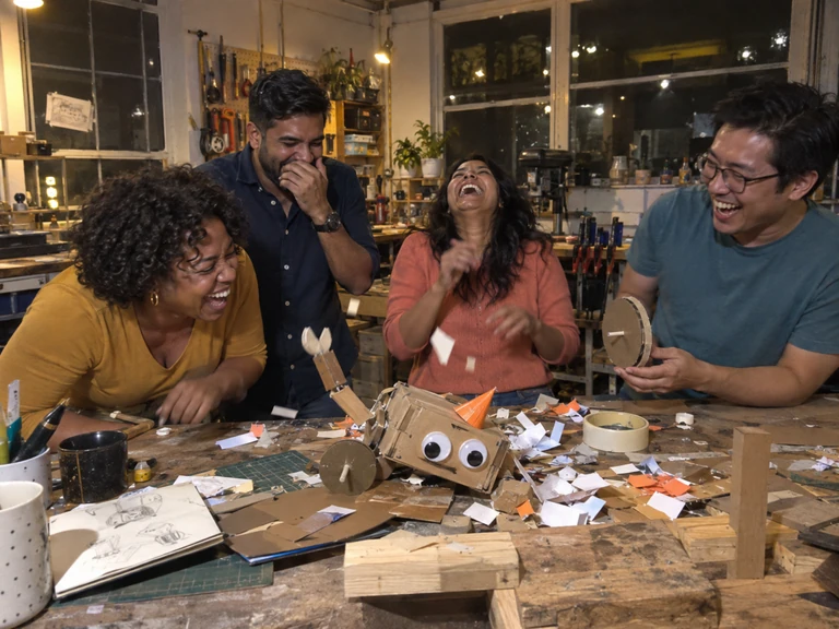 Candid phone photo of friends laughing as their googly-eyed cardboard robot, wearing a tiny party hat, flops over on the workbench.