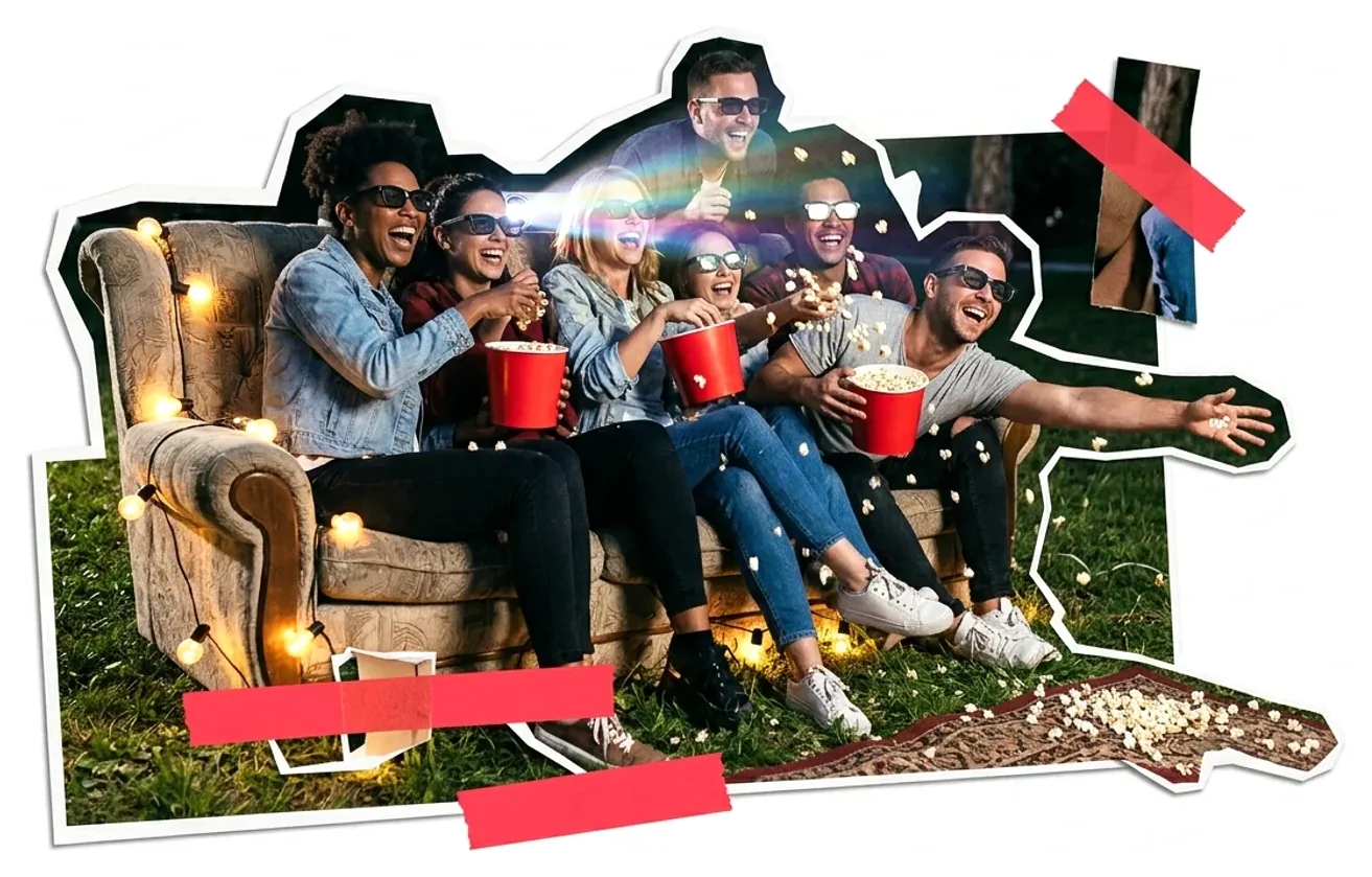 Friends in their late twenties piled onto an old couch in a park at night, watching an outdoor movie in 3D glasses with red popcorn buckets