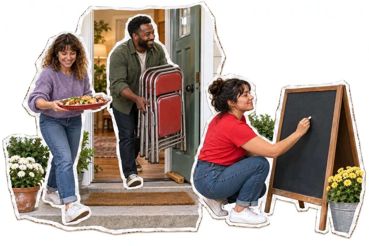 Friends carrying folding chairs and a plate of food in through a front door while one of them chalks the night up on a sign