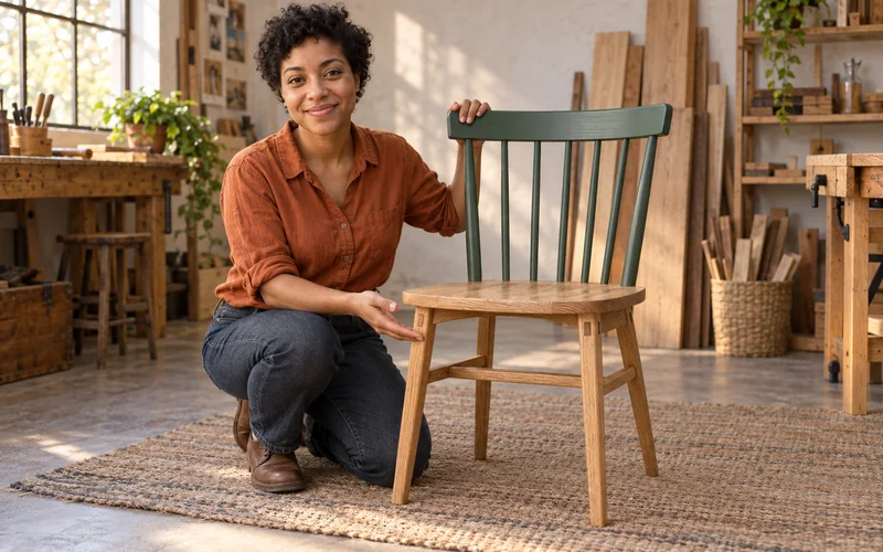 Maya teaching how to build an oak chair with a green backrest.