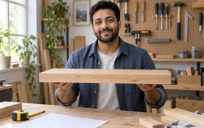 Jeff presenting a handmade oak shelf in his home workshop.